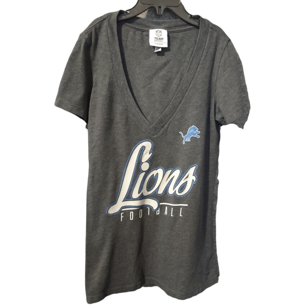 NFL Team Apparel Detroit Lions Shirt Womens Medium Gray V-Neck Graphic Logo Tee